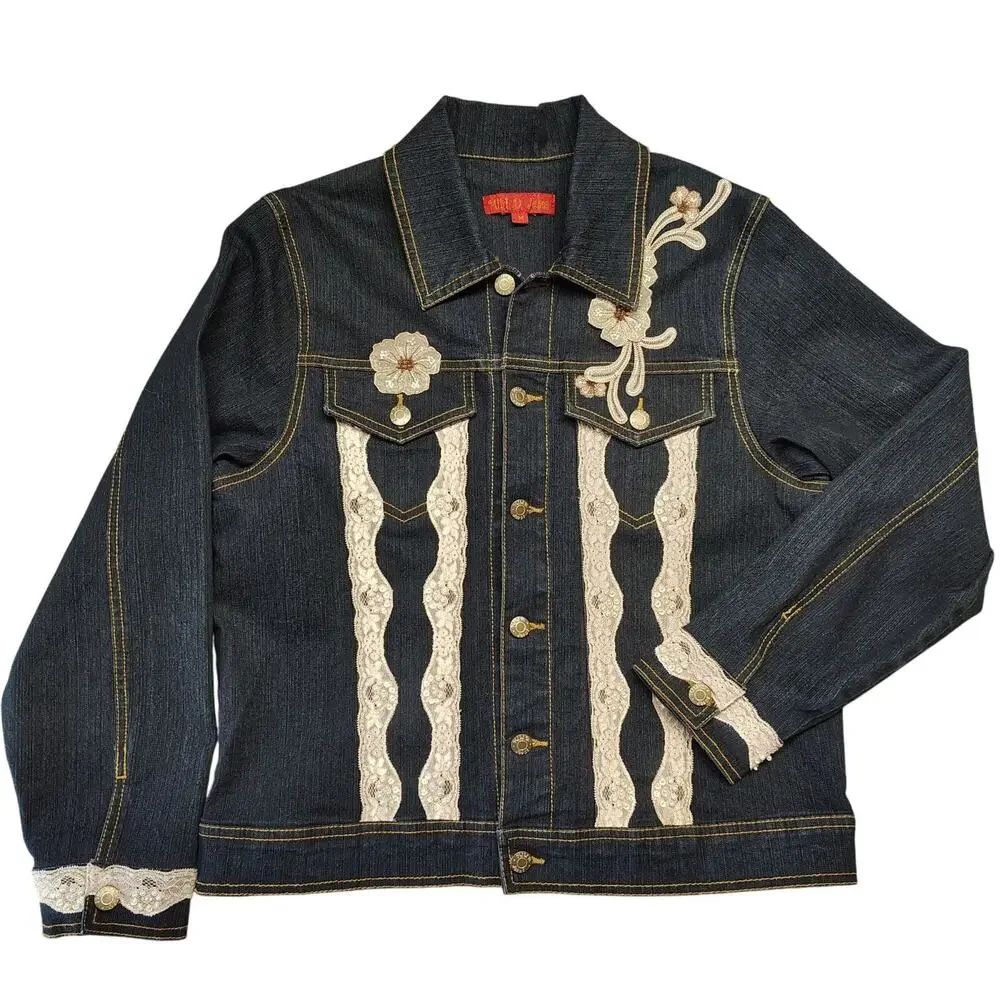Milli Pearl Womens Jean Jacket Medium Denim Lace Embellishments